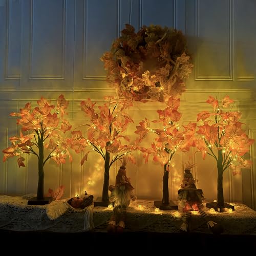 4Pcs 2FT Lighted Maple Tree 96LED Artificial Fall Tree Decor for Thanksgiving Harvest Home Decoration (4 Count)