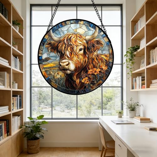 Scottish Highland Cow Stained Glass Window Hanging Suncatcher Gifts 6.3"