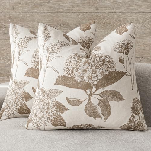 Set of 2 Linen Floral Vintage Throw Pillow Covers Neutral Accent Decorative Cushion Covers Farmhouse Boho Home Decor for Sofa Chair Couch Bedroom Living Room (2 Count)