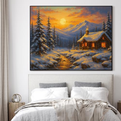 60"x72" Extra Large Framed Wall Art Cozy Cabin in Snowy Mountain Landscape at Sunset for Home Living Room Bedroom Decor