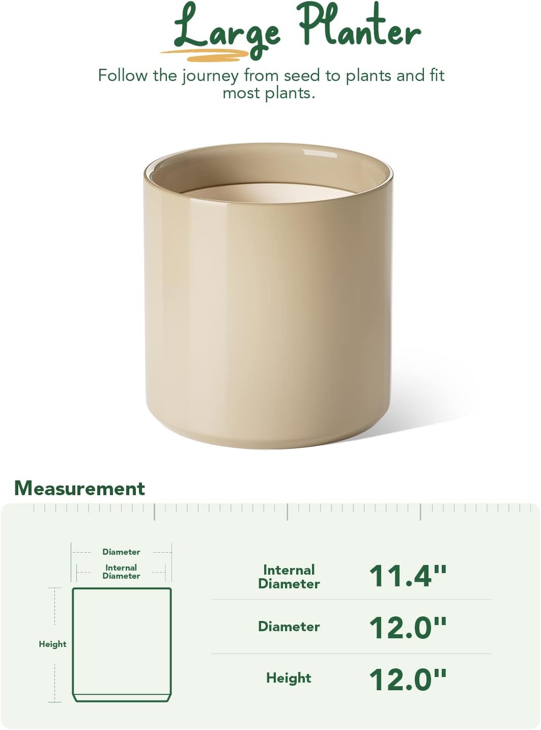 LE TAUCI 12 Inch Pots for Plants, Ceramic Large Plant Pot for Indoor Plants, Mid-Century Modern Flower Planter Pots with Drainage Hole and Removable Plug, Round Planter Pot, Reactive Glaze Cloud Cream