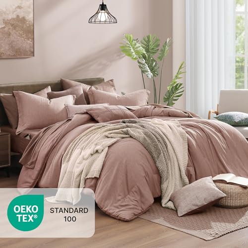 King Comforter Set 7 Pieces Dusty Pink Cationic Dyeing Bed in a Bag