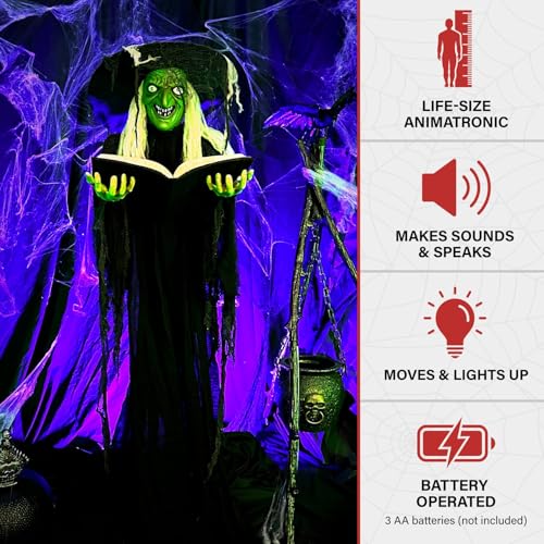 Life Size Talking Witch Holding Spell Book (72" Standing Witch w/Book)
