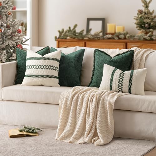 Set of 2 Dark Green Boho Christmas Decorative Pillow Covers 20x20 Inch (2 Count)