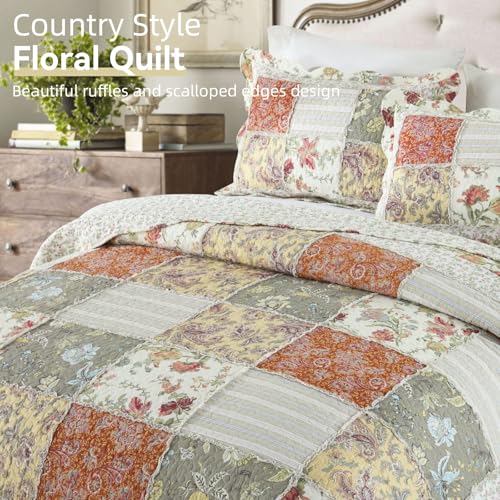 3 Piece Quilt Set King Size Quilted Bedspread Reversible Country Style Floral Real Patchwork Bedding Quilt Set with Ruffles with Pillowcases for All Seasons