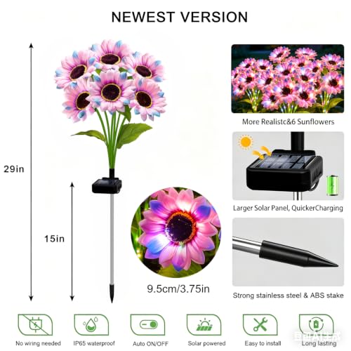 Solar Sunflower Lights 4 Pack with 24 colorful Sunflower Solar Lights Outdoor Waterproof (24 Count)