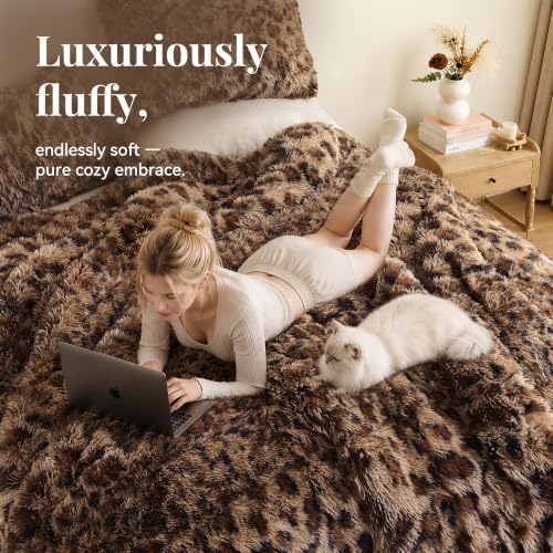 Fluffy King Size Comforter Set Leopard Print Faux Fur Comforter 3Pcs