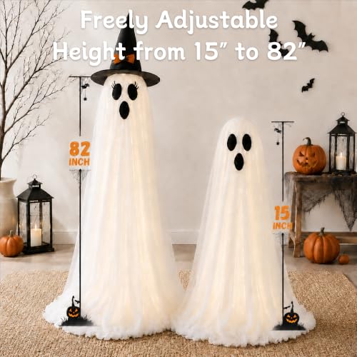 2 Pack Light Up Halloween Ghost Decorations Outdoor with Remote Control (Warm White)