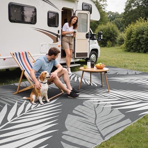 Outdoor Rug Waterproof Plastic Rugs 9'x18' for Camping Grey White