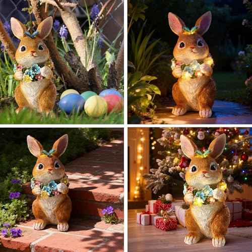 Solar Garden Statues Outdoor Bunny Decorations with Butterfly & Flowers Gifts for Mom