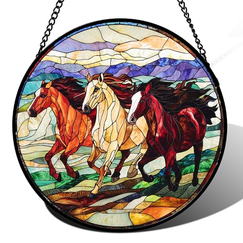 Running Horses Stained Glass Window Hanging Suncatcher Gift for Women 7.8"