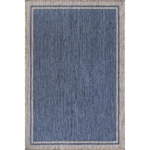 Outdoor Rug 5x7 Bordered Navy Blue Gray Modern Area Rugs for Indoor and Outdoor Patios (35 Sq Ft)