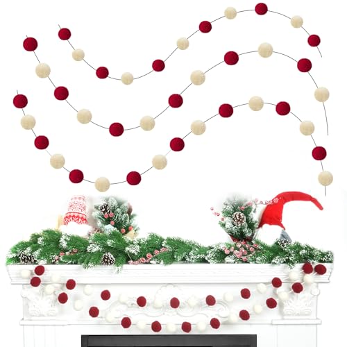 3pk Red Pom Pom Garland 20FT Colorful Large Felt Ball Garland for Mantle (60 Foot)