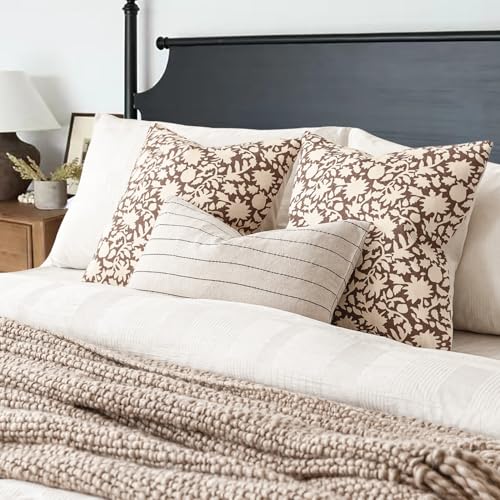 Set of 2 Decorative Neutral Floral Throw Pillow Covers Accent Farmhouse Cushion Covers Boho Vintage Pillowcase for Couch Sofa Bedroom Living Room Home Decor (2 Count)