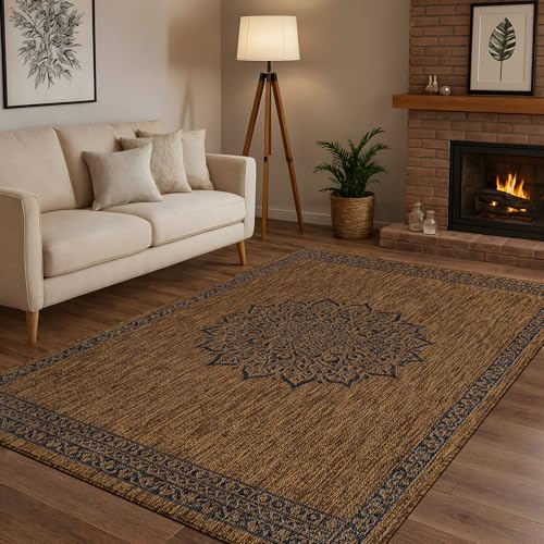Outdoor Rug 5x7 Medallion Gold Modern Area Rugs for Indoor and Outdoor Patios Kitchen and Hallway Mats Washable Porch Deck Outside Carpet (35 Sq Ft)