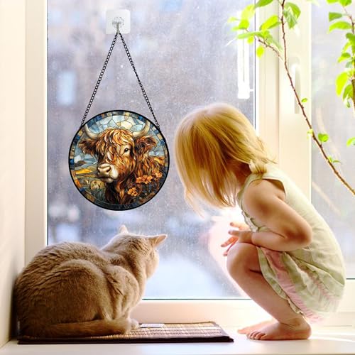 Scottish Highland Cow Stained Glass Window Hanging Suncatcher Gifts 6.3"