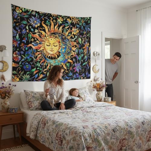 Sun and Moon Tapestry for Bedroom Boho Hippie Floral Wall Tapestry Aesthetic Vintage Stained Glass Plant Small Tapestries Wall Hanging for Living Room Dorm 48 x 36 Inch