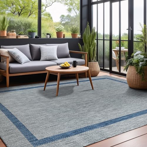 Bordered Outdoor Rug 5x7 Washable Outside Carpet for Indoor Patio Porch Waterproof Easy Cleaning Non Shedding Area Rugs Silver Gray