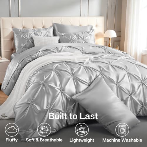 Satin Queen Comforter Set Silver Grey