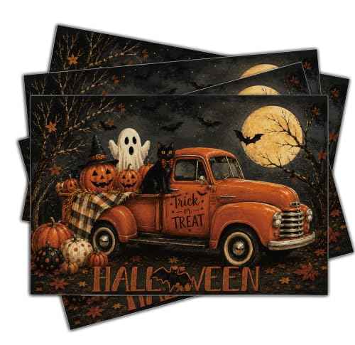 Halloween Placemats Set of 4 Vintage Truck Pumpkin Linen Table Mats 18x12 (4 Count)