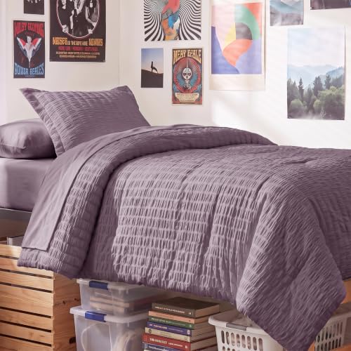Twin XL Comforter Set 5 Pieces Dusty Purple Seersucker Bed in a Bag