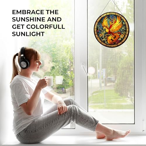 Sacred Phoenix Bird Suncatcher Stained Glass Window Hangings Sun Catchers Colorful Ornament Gifts for Women Mom Wife Halloween Christmas Housewarming 9.8"