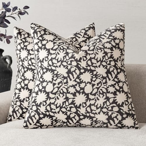 Set of 2 Decorative Neutral Floral Throw Pillow Covers Accent Farmhouse Cushion Covers Boho Vintage Pillowcase for Couch Sofa Bedroom Living Room Home Decor18×18 Inch (2 Count)