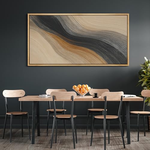 Extra Larg Framed Canvas Print Wall Art Abstract Wave Pattern Neutral Black and Brown Modern Geometric Illustrations Decorative Colorful for Bedroom