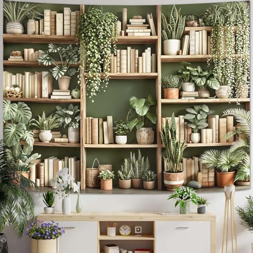 Green Plant Bookshelf Tapestry Botanical Bookshelf Tapestries Wall Hanging Modern Potted Plants Bookshelf Backdrop Large Tapestry for Bedroom Living Room Dorm 80 x 60 inch
