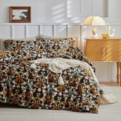 Queen Comforter Set Vintage Paisley Floral Comforter Set with Flowers Leaves Pattern Fluffy Soft Vibrant Bohemian Floral Bedding Set Cottagecore Botanical Flowers Comforter with 2 Pillow Shams