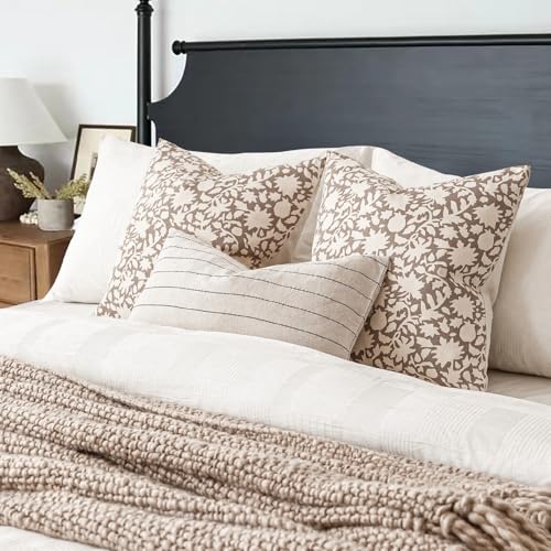 Set of 2 Decorative Neutral Floral Throw Pillow Covers Accent Farmhouse Cushion Covers Boho Vintage Pillowcase for Couch Sofa Bedroom Living Room Home Decor (2 Count)