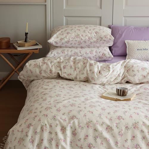 Botanical Floral Comforter Set Twin XL Cute Garden Floral Bedding Comforter with 2 Pillowcases Soft Fluffy Pink Purple Flowers Comforter Vintage Style Botanical Comforter Set for Girls Women (3 Piece Set)