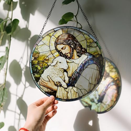 8 Inches Jesus Holding Lamb Painted Stained Glass Suncatcher