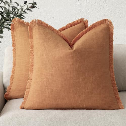 Decorative Linen Fringe Throw Pillow Covers 18×18 Dusty Orange (2 Count)