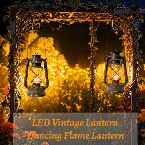 2 Pack LED Vintage Lantern Battery Powered Lanterns with Flame Wick Waterproof Camping Lamp Vintage LED Flame Lamp Hanging Lantern Lights Landscape Patio Garden Pathway Decor for Indoor (2 Count)