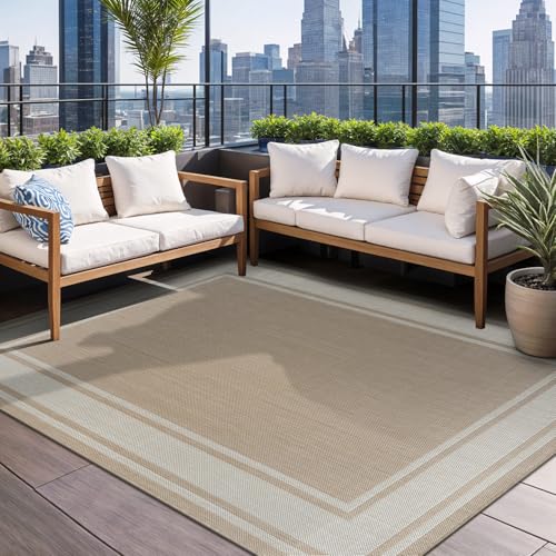 Outdoor Rug 6x9 Modern Bordered Area Rugs for Indoor and Outdoor Patio Deck Porch Garden Waterproof Weather Sun Resistant Washable Outside Carpet (54 Sq Ft)