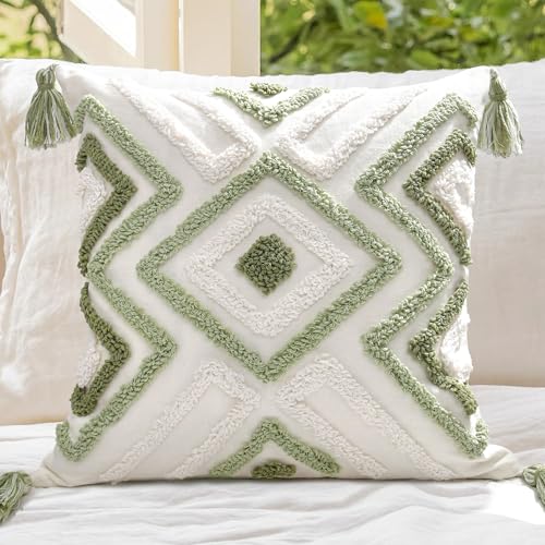 Boho Pillow Covers 18X18 Inch Boho Tufted Throw Pillow Covers Decorative Tassels Cushion Cover Farmhouse Pillow Case for Couch Sofa Bed Living Room Bedroom
