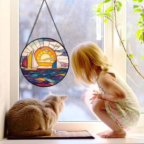 Sunset Sailboat Stained Glass Window Hanging Suncatcher Gifts Decor 9.8"