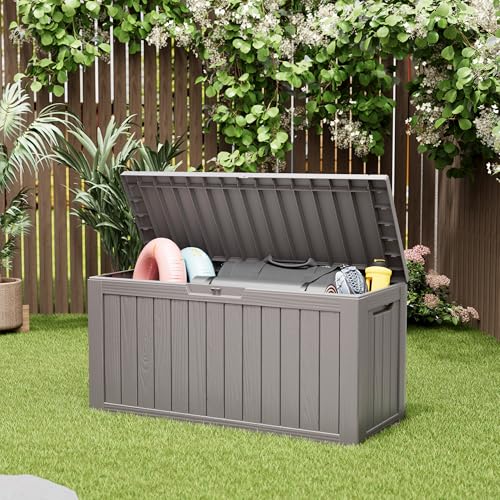 Deck Box 82 Gallon Resin Indoor and Outdoor Storage Box Waterproof for Garden Tools