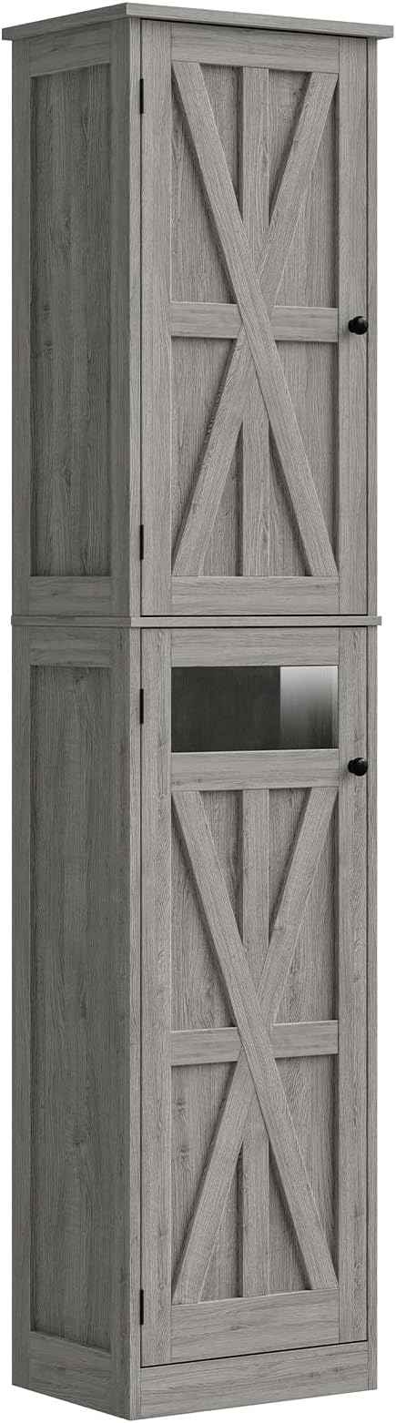 Vabches Tall Bathroom Cabinet, Slim Bathroom Storage Cabinet with Adjustable Shelves and 2 Doors, Narrow Floor Storage Cabinet for Bathrooms, Kitchen, Living Room, Rustic Grey