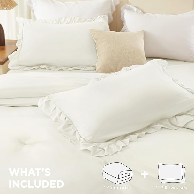 Andency Ivory Ruffle Comforter Set Oversized King, Shabby Chic Solid Bedding Set 3 Pieces, Lightweight Soft Bet Set 120x98 for Girls Women (1 Comforter 2 Pillowcases)