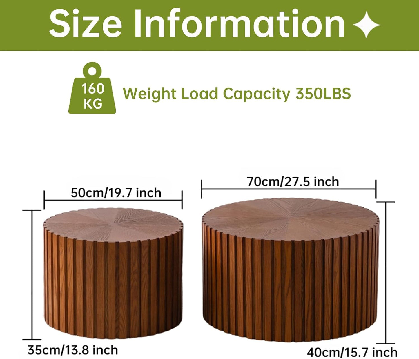 Round Nesting Coffee Table, Drum Wood Coffee Table Set of 2 Brown, Modern Fluted Nesting Tables Circle Center Table 2 Piece for Small Spaces Living Room Bedroom Balcony Office, No Assembling
