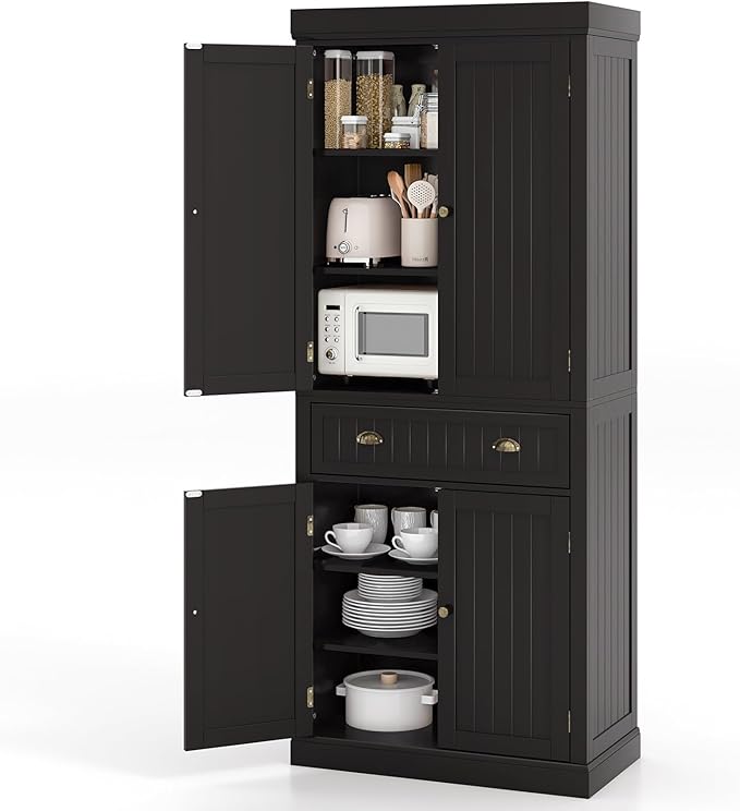 Nightcore Freestanding Kitchen Pantry Cupboard, 6ft Wood Cupboard w/ 4 Adjustable Shelves, 2 Wood Pantries, & 1 Drawer, Utility Storage Cabinet for Kitchen, Hallway, Living Room, Bathroom (Espresso)