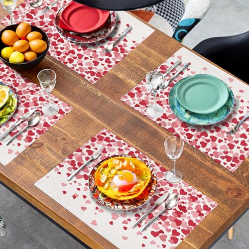 Valentine's Day Pink Love Heart Placemats Set of 4 Valentine Dining Place Mat Heat Resistant Washable Wedding Anniversary Rectangle Table Mat for Outdoor Kitchen Home Party 12x18 Inch (4 Count)