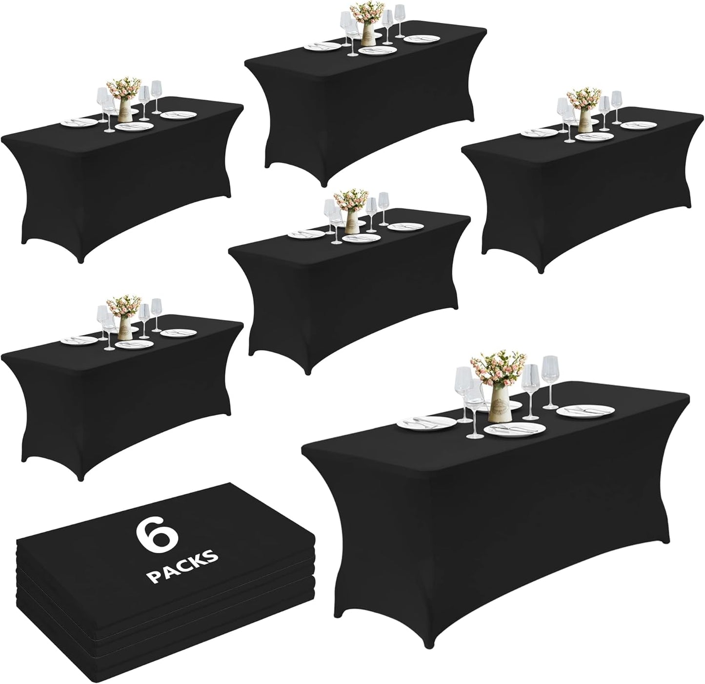 Craft And Party 6 Pack 6ft Black Spandex Tablecloth – Fitted Stretch Cover – Universal Fit for Folding Tables – Wrinkle-Free, Washable – Ideal for Parties, Weddings, Events