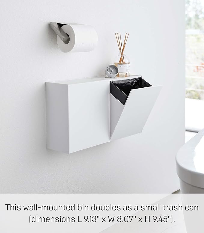 YAMAZAKI Home Tower Wall Mounted Storage Or Trash Bin With Tray, Small Wastebasket With Lid, Bathroom Or Kitchen Organizer - Abs Plastic