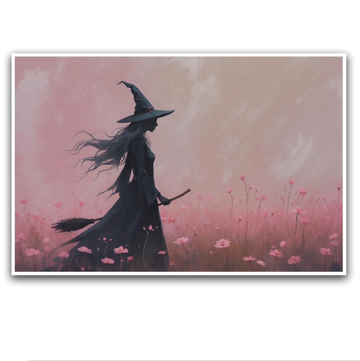 JFHCQJPK Witch in the pink sea of flowers Halloween prints weird flowers wall art silhouette painting fashionable romantic decoration suitable for bedroom12x16in Frameless