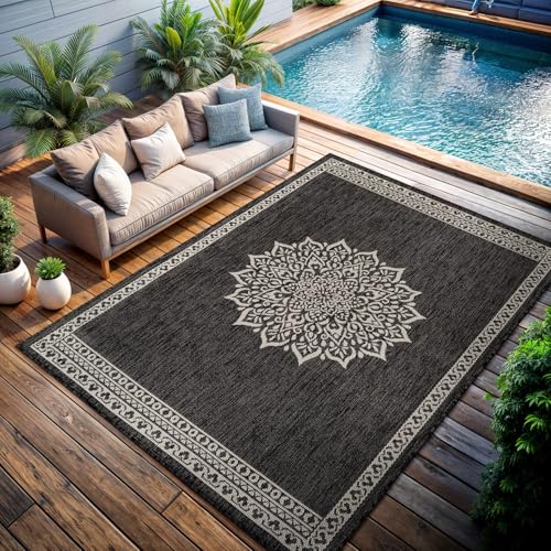 Outdoor Rug 6x9 Medallion Darkgray Modern Area Rugs for Indoor and Outdoor Patios Kitchen and Hallway Mats Washable Porch Deck Outside Carpet (60 Sq Ft)