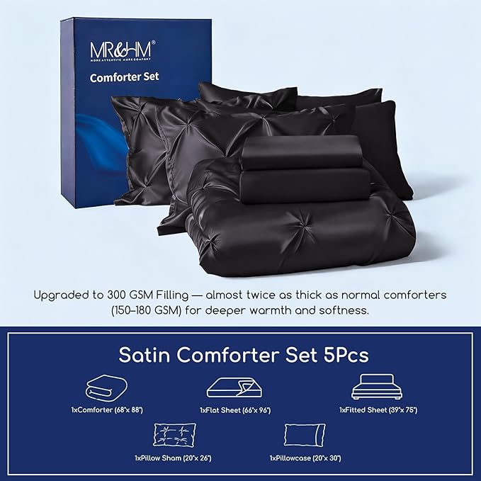 MR&HM Satin Comforter Twin 5 Pieces - Luxurious Pinch Pleat Bedding Set with Comforter, Flat Sheet, Fitted Sheet, Pillowcase & Sham, Super Silky Soft Bed Set for All Season (Twin, Black)