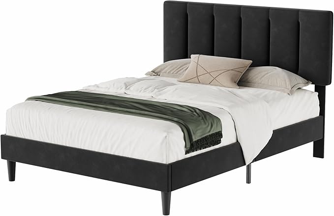 VECELO Full Bed Frame with Upholstered Headboard, Heavy-Duty Platform Bedframe with Strong Wooden Slats Support, No Boxing Spring Needed, Velvet & Black